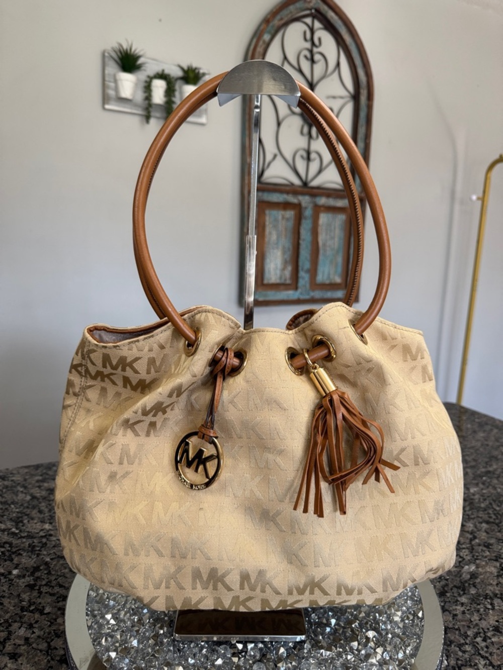 Michael Kors Beige MK Monogram Round handle Tote EUC